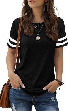 Haute Edition Women's Short Sleeve Varsity Stripe Casual Summer Top Daily Haute Casual Summer Tops, Crewneck Dress, Round Neck Tops, Tees For Women, Basic Tops, Shirts & Tops, Cotton Tops, Fashion Tees, Casual T Shirts