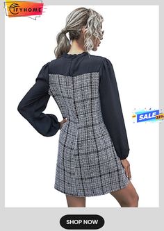 Autumn Winter Slim Plaid Patchwork Dress Women Casual Bow Collar High Waist Full Sleeve Lady Dress Lady Dress, Bow Collar, Patchwork Dress, Full Sleeve, Casual Dresses For Women, Autumn Winter, Casual Women, High Waist, Fall Winter