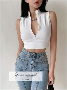 Women White Sleeveless Half Zip Crop Tank top with High Neck Cheap White Tank Top For Clubwear, White Sleeveless High Stretch Crop Top, White Sleeveless Crop Top, Zipper Outfit, Tough Clothes, Zip Crop Top, Imperial Fashion, Red Clothing, Table S