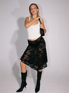 Vana Midi Skirt Jet Black Black Lace Midi Skirt, Black Lace Midi Skirt Outfit, Lace Black Skirt Outfit, Long Lace Skirt Outfit, Lace Skirt Outfit Ideas, Lace Midi Skirt Outfit, Black Lace Skirt Outfit, Lace Skirt Outfit, Midi Skirt Outfits