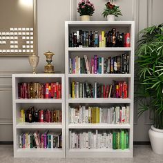 a white book shelf filled with lots of books next to a potted green plant