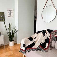 a living room with a cow blanket on the couch and a potted plant in the corner