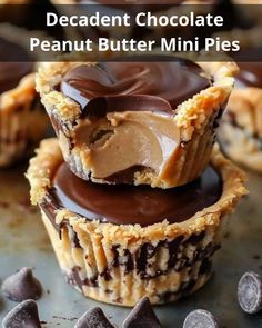 chocolate peanut butter mini pies stacked on top of each other with text overlay