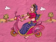 an artistic painting on the side of a pink wall depicting a woman riding a scooter