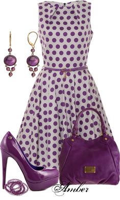 Purple polka dotted dress with purple pumps, purple purse, and purple drop earrings ... love that purple  ... Purple Polka Dot Dress, Purple Pumps, Casual Professional, Chique Outfits, Stylish Eve, Dress Korean, All Things Purple, Complete Outfits