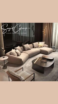 a living room filled with lots of furniture and pillows on top of carpeted flooring