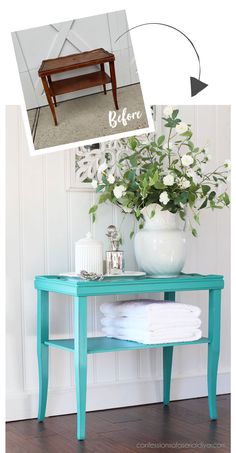 a blue table with white flowers on it