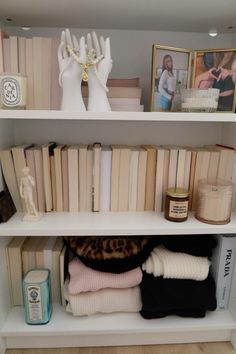 the shelves are filled with books, candles and stuffed animals on them for display or to be used as decorations