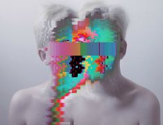 a man's face is covered in multicolored images