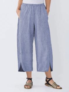 Casual Shift Striped Pants Relaxed Fit Straight Leg Culottes With Pockets, Spring Non-stretch Cropped Leg Pants, Casual Cropped Culottes With Pockets, Non-stretch Cropped Leg Pants For Spring, Casual Cropped Leg Culottes With Pockets, Casual Spring Bottoms With Side Slits, Casual Summer Bottoms With Side Slits, Casual Bottoms With Side Slits For Summer, Casual Wide Leg Pants With Side Slits