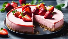 a strawberry cheesecake with one slice cut out and the rest on top of it