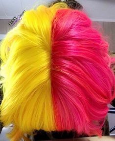 Half Yellow Half Pink Hair, Hair Ideas Colored Dyed, Half And Half Hair Color Ideas, Two Tone Split Hair Color Ideas, Split Dye Pink, Yellow And Blue Hair, Yellow Hair Ideas, Blue Yellow Hair, Hair Color Ideas Bright