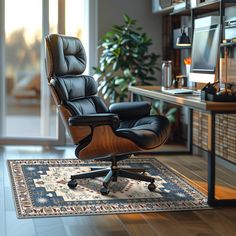 an office chair sitting on top of a rug in front of a desk with a computer monitor