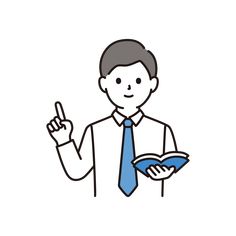 a man in a tie is holding a book and pointing to the side with his finger