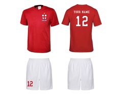 ► PRODUCT DESCRIPTION ➊ Our personalised sports kits are the perfect gift for both children and adults. ➋ You can customise the football shirts and shorts with a name and number and choose between our 2 authentic retro number styles. ➌ Exclusive England badge to the chest. Made of quality performance sports wicking fabric with high quality printing that will last and last. ► PRODUCT INFORMATION ➊ Great alternative unofficial football kit. England badge to left chest. ➋ 100% Polyester. Performance sports football shirts and shorts. ➌ Custom made with whatever name & number you like. ➍ Perfect for wearing to the game or hitting the pitch. » Boost your performance and keep cool in our original lightweight textured polyester fabric. With inherent wickability, quick drying and stretch propertie Sports Crew Neck Sets With Letter Print, Letter Print Crew Neck Sports Set, Crew Neck Letter Print Sets For Sports, Sporty Short Sleeve Sets For Sports Events, White Sports Sets With Letter Print, White Letter Print Sports Set, White Short Sleeve Sports Sets, White Sporty Sets For Sports Events, White Sports Sets For Sports Season