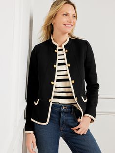 Our military-inspired jacket with a feminine twist. In a chic silhouette with gold faux shank buttons and sleek hook-&-eye closures. Features Gift Box/Gift Wrap is not available for this item Long Sleeve Hits above hip Hook & eye closure Flap front pockets Lined Imported Fit: Misses: 21"; Petite: 20 1/2"; Plus: 23 1/2"; Plus Petite: 22" Material: 98% Cotton, 2% Spandex; Lining: 100% Polyester Care: Dry Clean; Turn Garment Inside Out | Military Jacket Talbots Black Chanel Jacket Outfit, Talbots Outfits, Black Military Jacket, Old Money Winter, Estilo Kardashian, Military Inspired Jacket, Fall Fashions, Skandinavian Fashion, Chanel Jacket