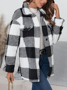 Buffalo Plaid Print Drop Shoulder Flap Detail Coat Black and White Casual  Long Sleeve Tweed Gingham Teddy Non-Stretch  Women Clothing, size features are:Bust: ,Length: ,Sleeve Length: Lapel Collar Coat, Longline Jacket, Longline Coat, Casual Outerwear, Collared Coat, Collars For Women, Fleece Coat, Plaid Fashion, Plaid Jacket