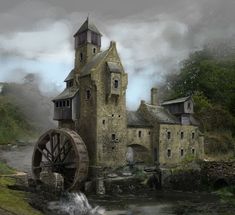 an old building with a water wheel in the foreground and steam rising from it