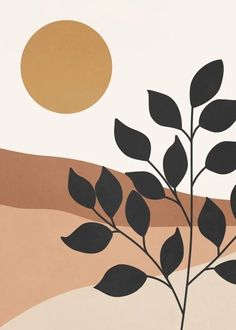 a painting of a plant with the sun in the background and sand on the ground