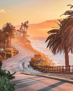 the sun is setting on an empty road by the ocean with palm trees in the foreground