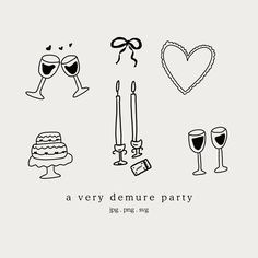 a black and white drawing of wine glasses, cake, candles, heart shaped balloons