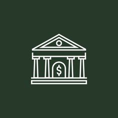 a building with columns and a dollar sign on the front, against a dark green background