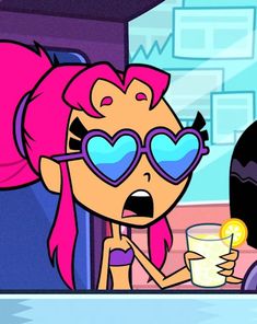 a cartoon girl with pink hair and heart shaped sunglasses holding a drink in her hand