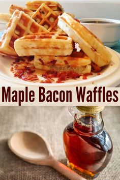 a plate with waffles and syrup on it next to a bottle of maple bacon waffles