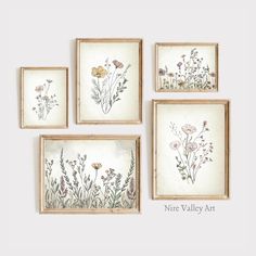 four framed paintings with flowers on them