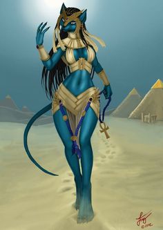 a woman dressed in blue and gold is walking through the desert with an animal like headdress