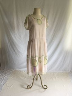 "vintage 1920s handmade sheer dress sheer purple w/green lace and yellow trim purple ribbon detail includes antique white (has a silky cotton feel) slip w/purple thread detail and purple ribbon trim slip has drawstring elastic around top but elastic is blown out, could still be used as a drawstring purple dress and yellow fabric have a checkered weave short dolman sleeves dress has side snaps good vintage condition w/some age wear, still wearable light black dot stains in a few places-see photos light fray, fabric thread snags, stray threads all adding to unique quality some light discoloration, esp. on arms a beautiful historical piece, one of a kind collectible measures, lying flat, dress: neck to sleeve-7 1/2\" chest-19\" (note slip is smaller) waist-18\" top to waist-17\" hip-28\" tota Art Deco 20s, 1920s Day Dress, Great Gatsby Art, 20s Dresses, Gatsby Art, Yellow Trim, Lawn Dress, 20s Fashion, Jazz Age