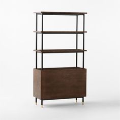 a bookcase with three shelves and two drawers on each shelf, one is brown