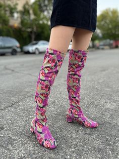 Fig Purple Funky Spring Boots, Trendy Purple Boots For Fall, Spring Stretch Knee-high Boots, Casual Fitted Party Boots, Trendy Stretch Boots For Party, Trendy Purple Boots For Spring, Casual Fitted Boots For Spring, Fitted Casual Boots For Spring, Casual Fitted Thigh High Boots