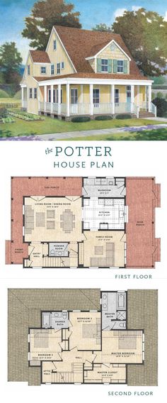 the potter house plan is shown in two different colors and sizes, with an open floor plan