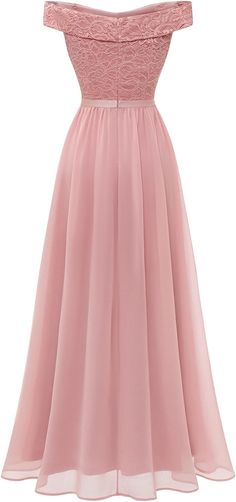 a pink dress with off the shoulder straps and lace detailing on the shoulders, is shown