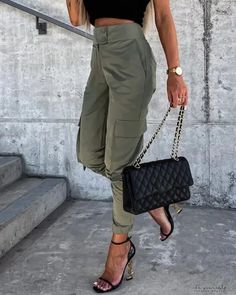 Lasaky - High waist cargo pants with button pocket High Waisted Cargo Pants, Casual Cargo Pants, High Waist Fashion, Moda Vintage, Looks Chic, Cargo Pants Women, Komplette Outfits, Styl Vintage, High Waisted Pants