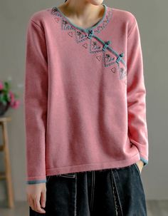 Chinese Style Neck Embroidery Knit Sweater Shirt — Obiono Winter Long Sleeve Tops With Floral Embroidery, Casual Fall Tops With Embroidered Hem, V-neck Top With Floral Embroidery For Winter, Winter Crew Neck Tops With Floral Embroidery, Winter Floral Embroidery Long Sleeve Tops, Winter Embroidered Pink Tops, Spring Cotton Embroidered Sweater, Embroidered Blue Winter Tops, Fitted Cotton Sweater With Floral Embroidery