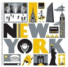 the new york city poster is shown in black and yellow colors, with images of landmarks