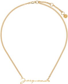 Curb chain necklace in gold-tone brass. · Logo hardware at face · Logo plaque at adjustable lobster-clasp fastening · L21 Part of the Le Papier collection. Supplier color: Gold Jacquemus Necklace, Curb Chain Necklace, Face Logo, Gold Branding, Curb Chain, Lobster Clasp, Chain Necklace, Gold Tones, Brass