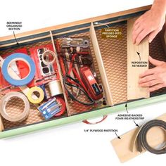 the contents of a garage workshop are organized in an open drawer with labels and tape