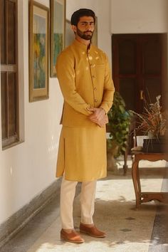 Yellow silk blend bundi with thread and sequins embroidery. - Aza Fashions Nehru Jacket, Yellow Silk, Nehru Jackets, Sequins Embroidery, Mandarin Collar, Aza Fashion, Thread, Silk, Embroidery