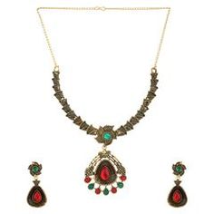 Gold Rodium Polish Green, Red and Maroon color Necklace in Metal Alloy studded with CZ Diamond Red Alloy Jewelry For Party, Red Metal Jewelry Sets For Party, Festive Red Metal Jewelry, Red Jeweled Metal Jewelry, Red Traditional Metal Jewelry Sets, Traditional Red Metal Jewelry Sets, Maroon Necklace, Color Necklace, Metal Necklace