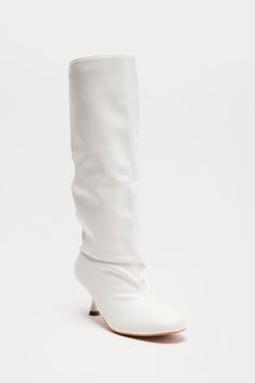 Available In Black And White. Knee High Heeled Boots Slouch Detail Round Toe Low Heel Novelty Heel Imported | Style Icon Knee High Boots in White size 7 by Fashion Nova Fitted Synthetic Knee-high Boots For Workwear, White Fitted Mid-calf High Ankle Boots, Fitted Mid-calf Synthetic Boots, Fitted White Knee-high Boots, Fitted White Mid-calf Heeled Boots, White Knee-high Heeled Boots For Work, Fitted Synthetic Heeled Boots For Work, Fitted White Faux Leather Boots, Fitted Mid-calf Faux Leather Heeled Boots