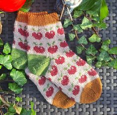 a pair of socks with cherries on them sitting next to green leaves and tomatoes