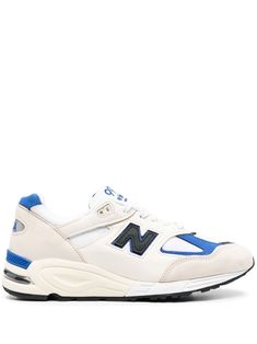 Made in USA 990 V2 low-top sneakers from NEW BALANCE featuring off-white, blue, calf leather, mesh detailing, logo-embroidered tongue, logo patch to the side, front lace-up fastening, round toe, branded insole, branded heel counter and flat rubber sole. New Balance Low-top Sneakers With Logo, New Balance Skateboarding Lace-up Sneakers, Blue Lace-up Sneakers By New Balance, New Balance Low-top Running Shoes With Logo Patch, New Balance 993 Joe Freshgoods, New Balance Made In Usa, Teddy Santis, Low Top Jordans, Detailing Logo