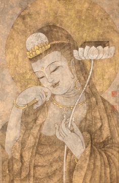 an old painting with a buddha holding a pipe