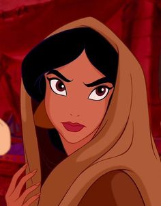 an animated image of a woman with brown hair and big eyes, wearing a headscarf