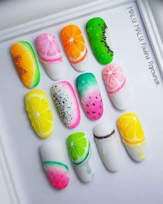 Dragon Fruit Nail Art, Fruits Nail Art, Nails Fruit Design, Fruit Design Nails, Fruit Nails Design, Fruits Nails, Easter Nails 2023, Spring Break Nails Acrylic, Nails Fruit