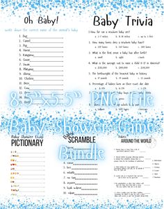 baby shower game with blue bubbles on the bottom and words above it that read oh baby trivia