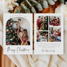 two christmas cards with pictures of family around the tree and flowers on top of them